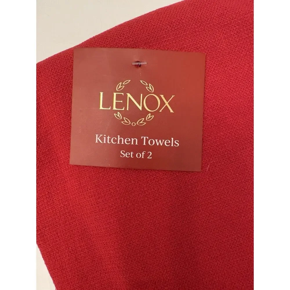 Lenox Holiday Green Kitchen Towel Set Of Two (2) Cotton Embroidered
